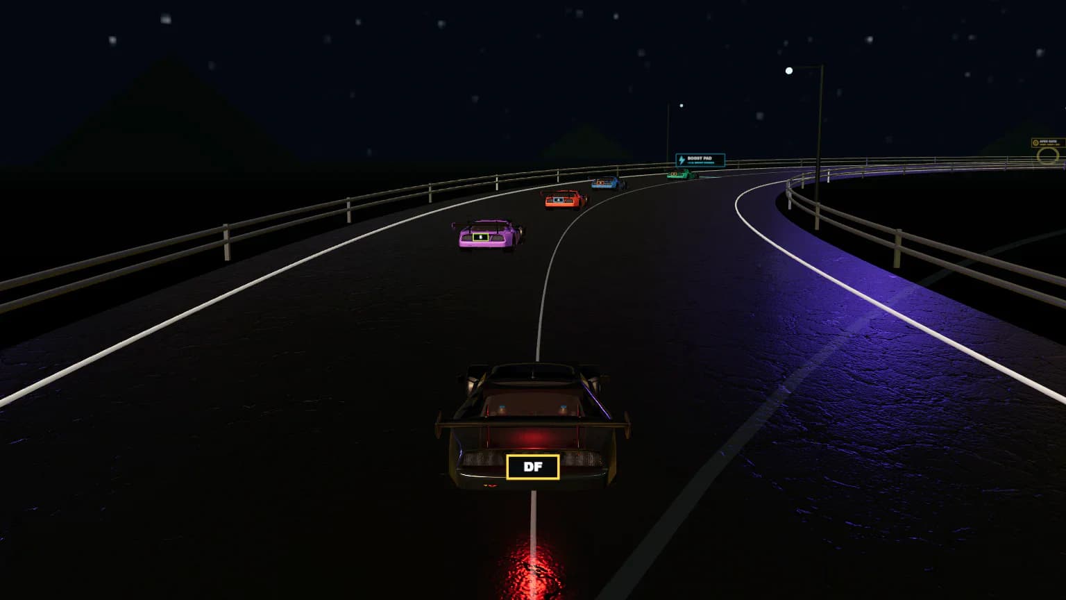 Draft Circuit night race with the player chasing four rival cars on a wet, guarded track